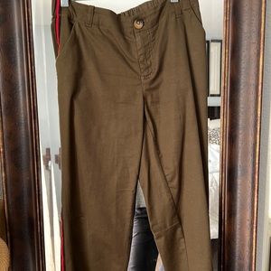 Olive green pants with red stripe on side.